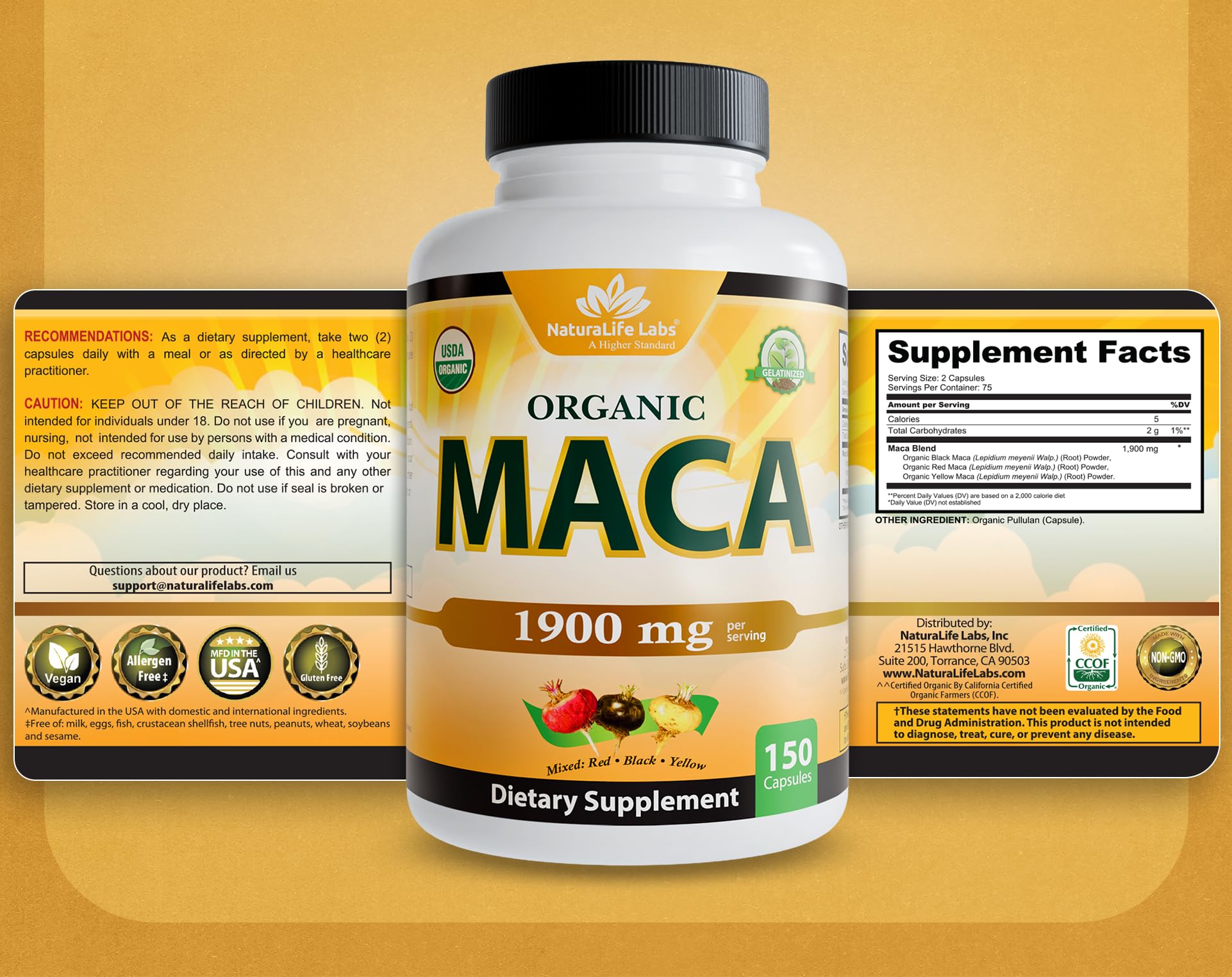 NaturaLife Labs Maca Non-GMO seal indicating clean ingredients.