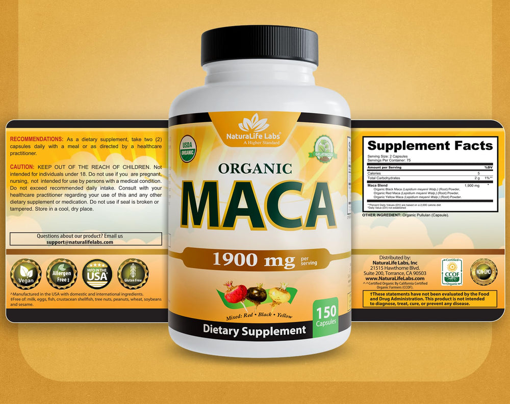 NaturaLife Labs Maca Non-GMO seal indicating clean ingredients.