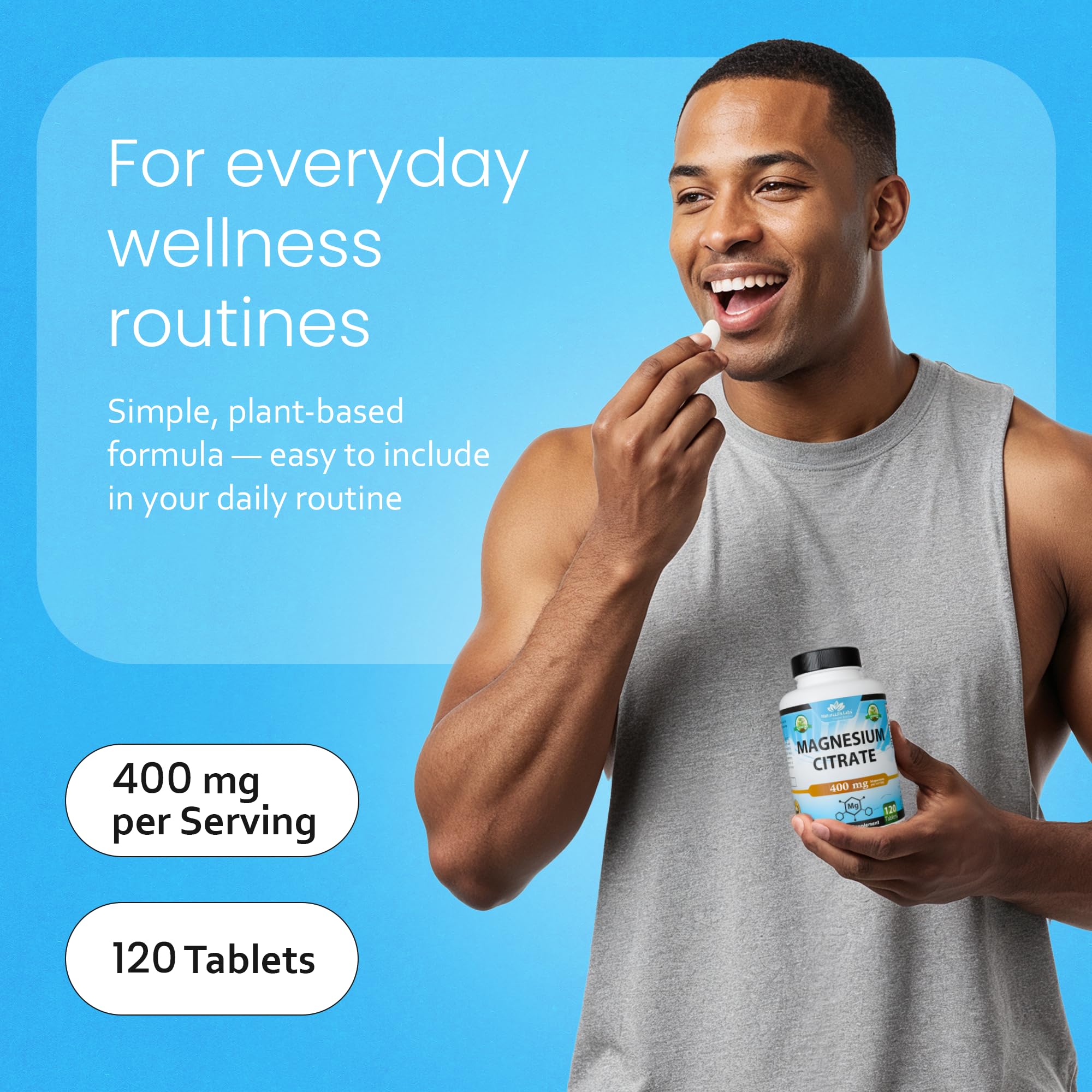 NaturaLife Labs magnesium citrate tablets poured beside a glass of water