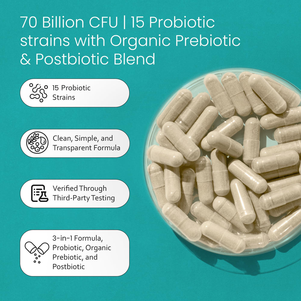 NaturaLife Labs Probiotics label detail featuring organic prebiotic and postbiotic inclusion.