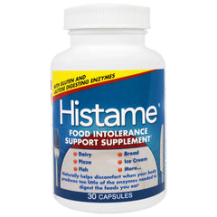 Naturally Vitamins HISTAME bottle pour, showcasing enzyme support for digestion during meals.