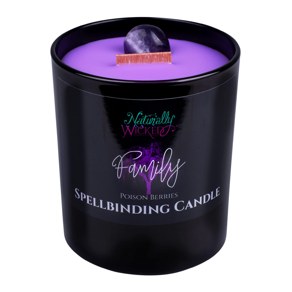 Naturally Wicked spellbinding candle with crystal in glossy black jar enriches family rituals