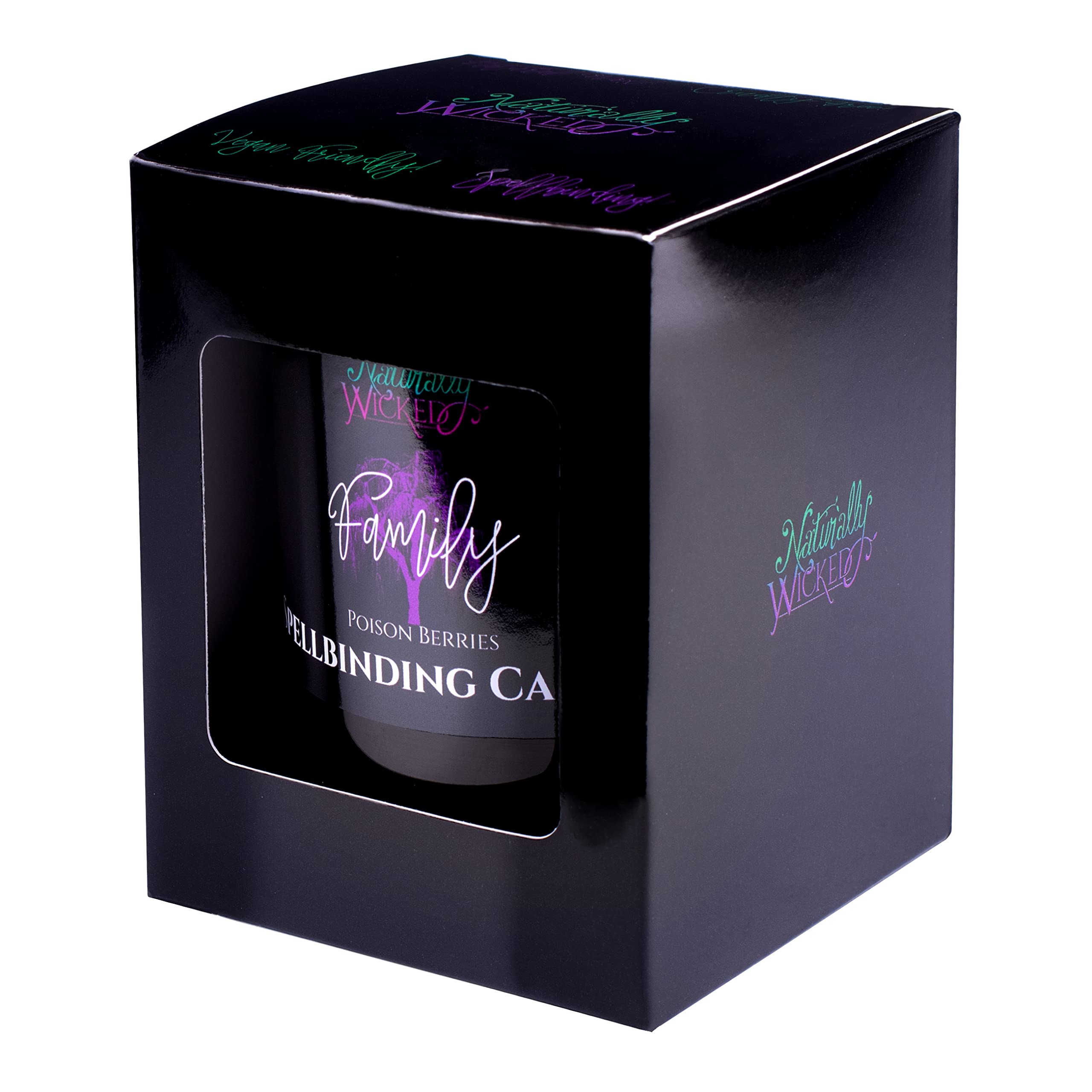 Naturally Wicked gloss black glass candle jar showcases the crystal and scent