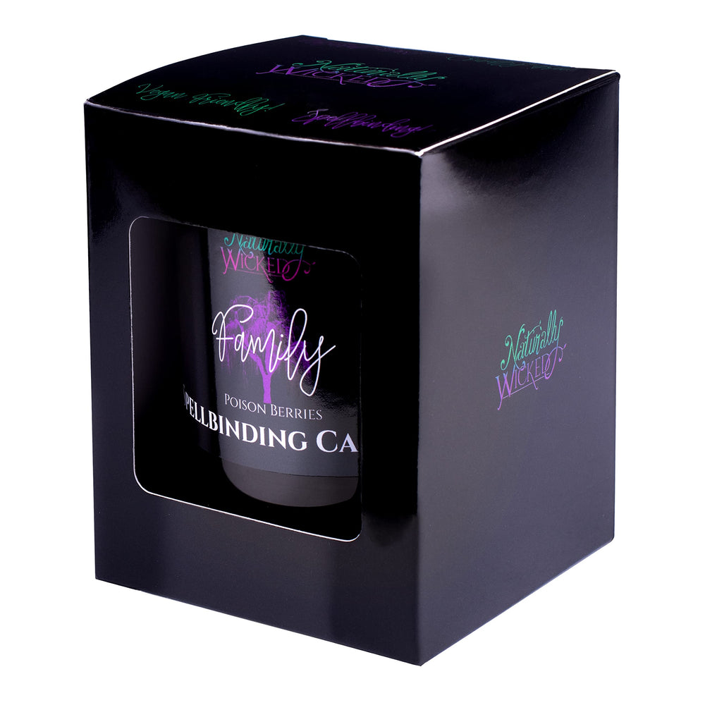 Naturally Wicked gloss black glass candle jar showcases the crystal and scent