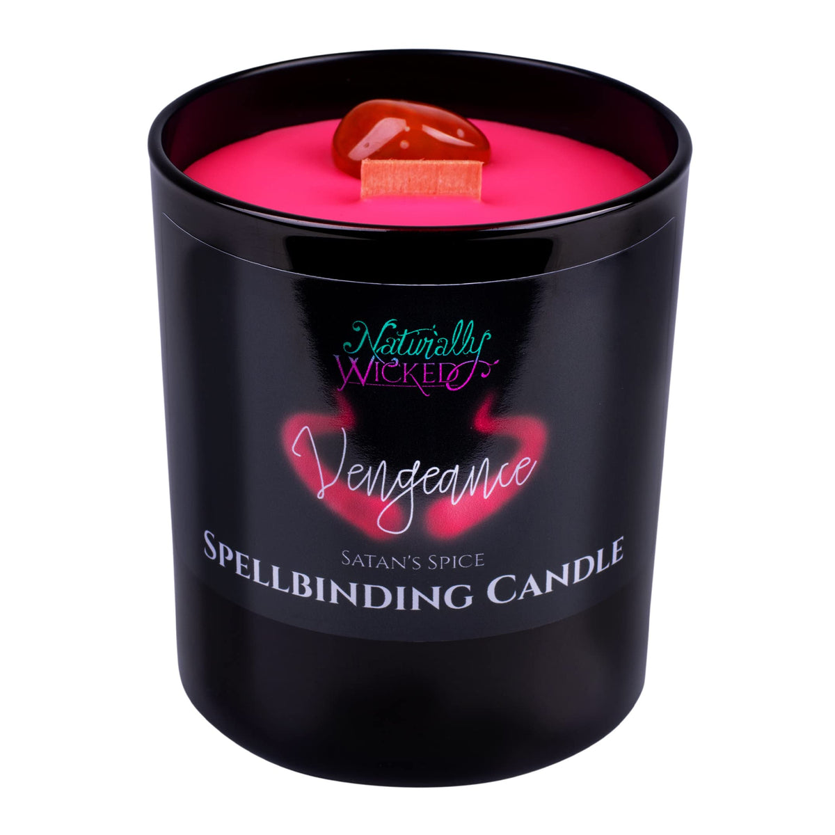 Naturally Wicked Spellbinding Vengeance Candle with crystal enhances ritual ambiance for focused intentions.