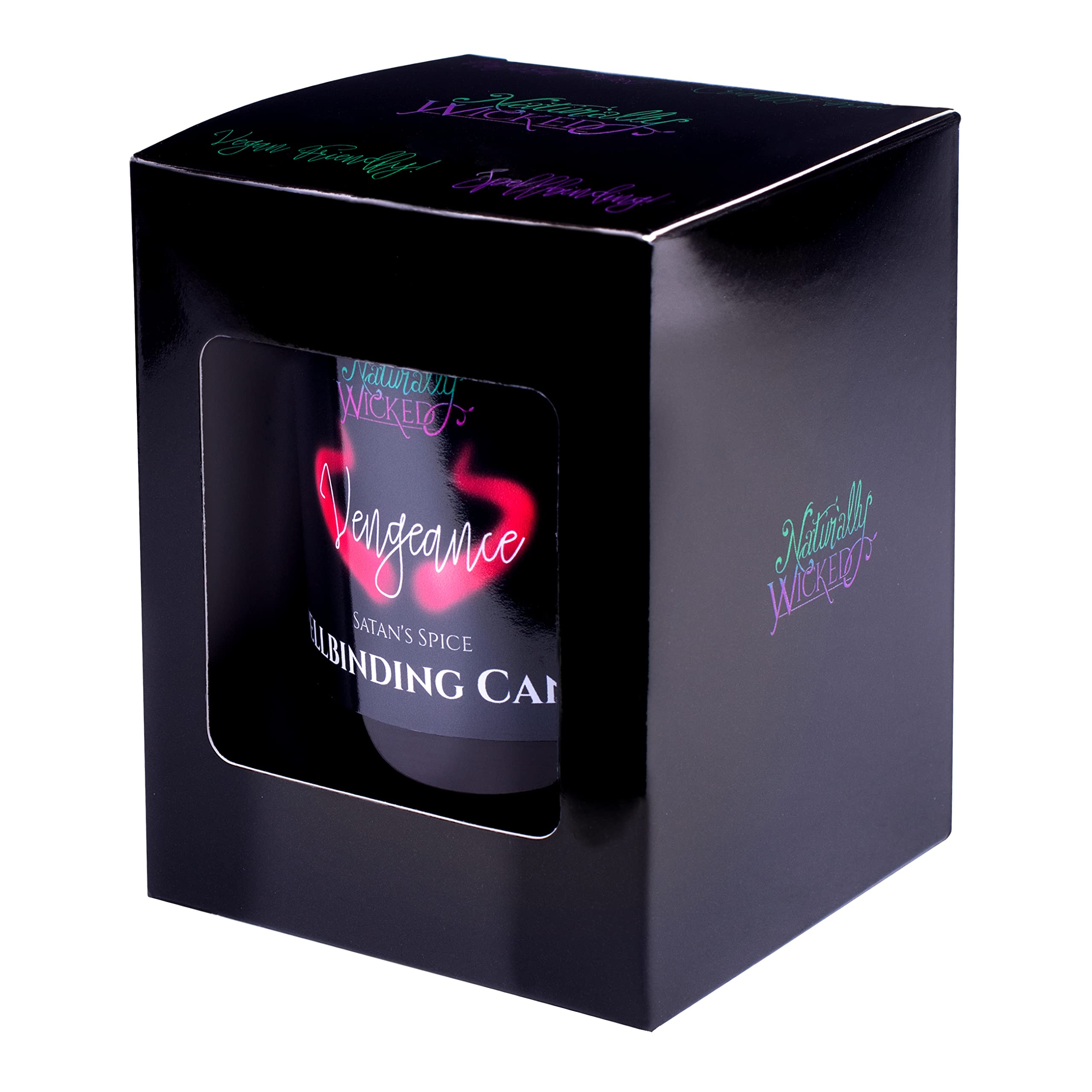Naturally Wicked Vengeance Candle packaging box offered as a stylish gift option.