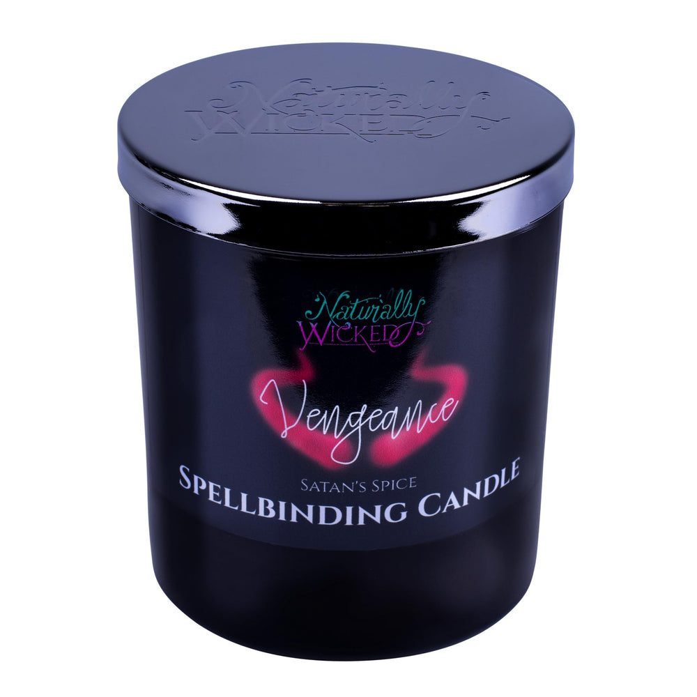 Naturally Wicked Spellbinding Vengeance Candle with wood wick crackles during rituals.