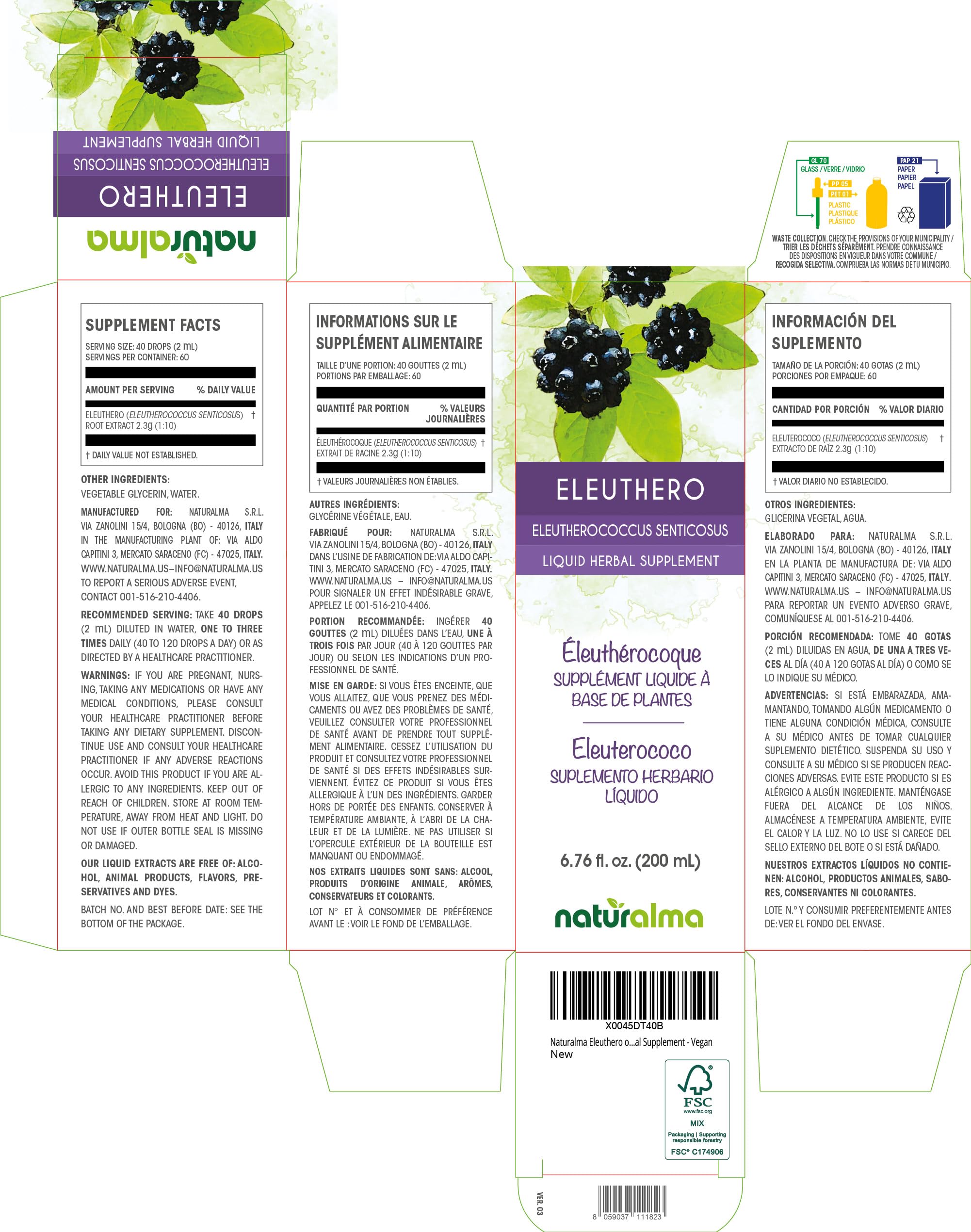 Naturalma Eleuthero label closeup shows 1:10 tincture concentration and alcohol-free formula.