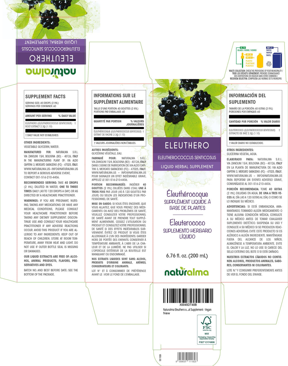 Naturalma Eleuthero label closeup shows 1:10 tincture concentration and alcohol-free formula.