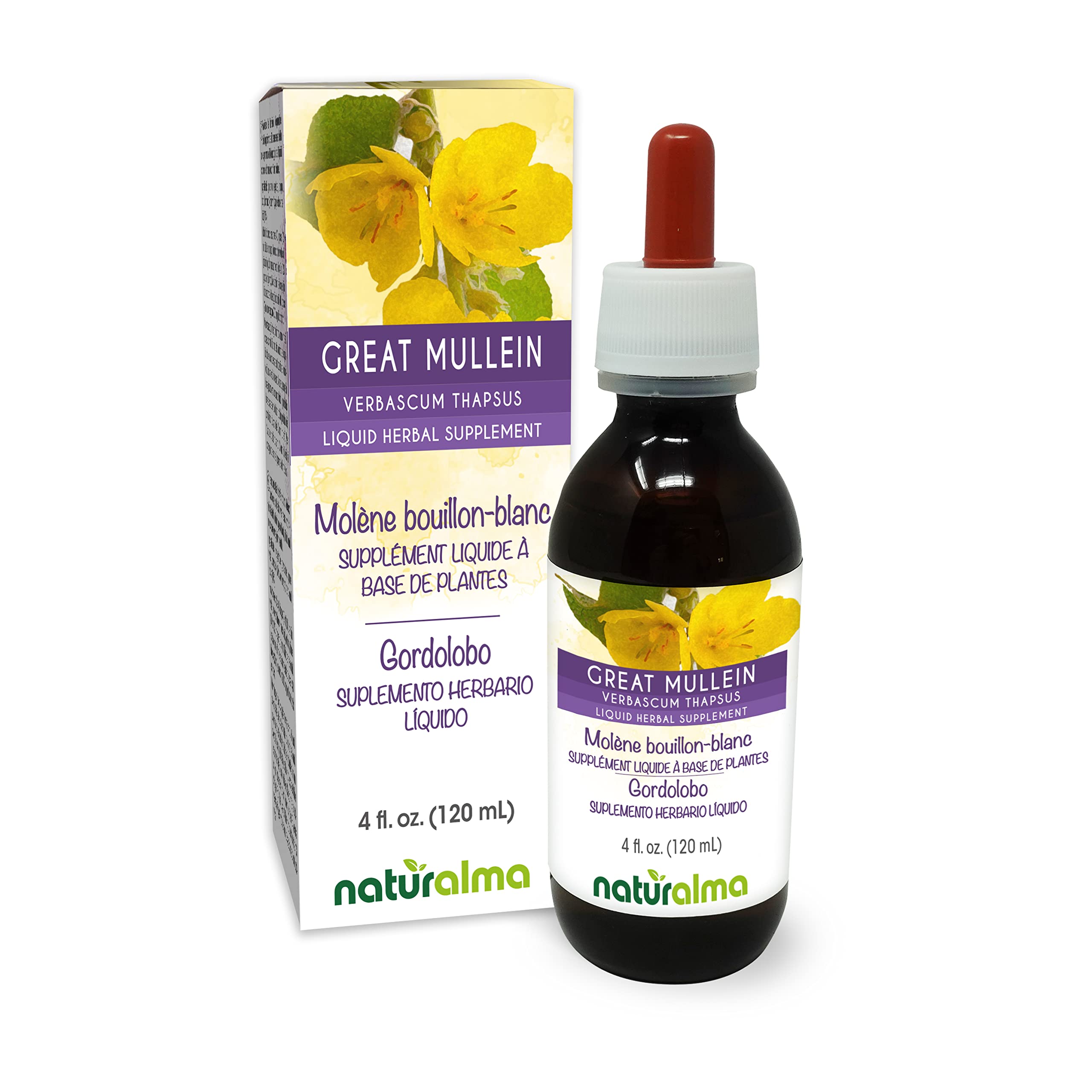 Naturalma Great Mullein tincture bottlePour shows alcohol-free herbal drops