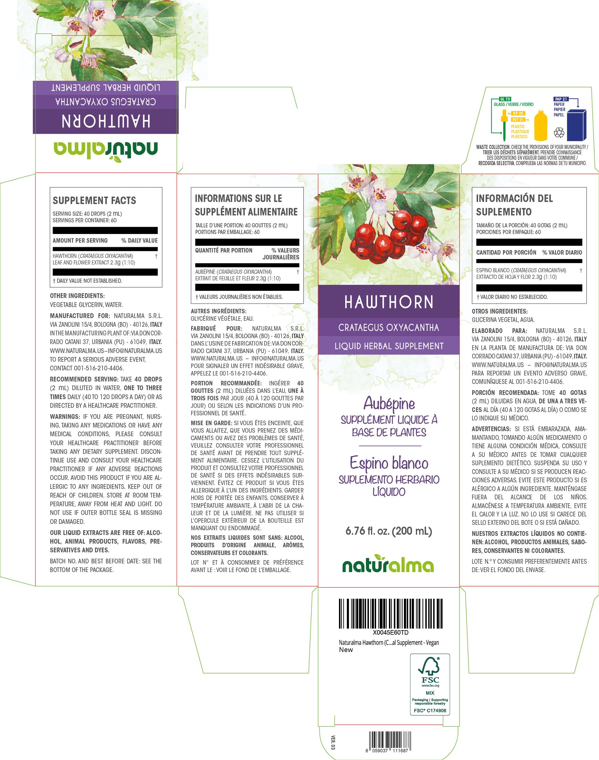 Naturalma Hawthorn tincture label close-up highlighting alcohol-free formula