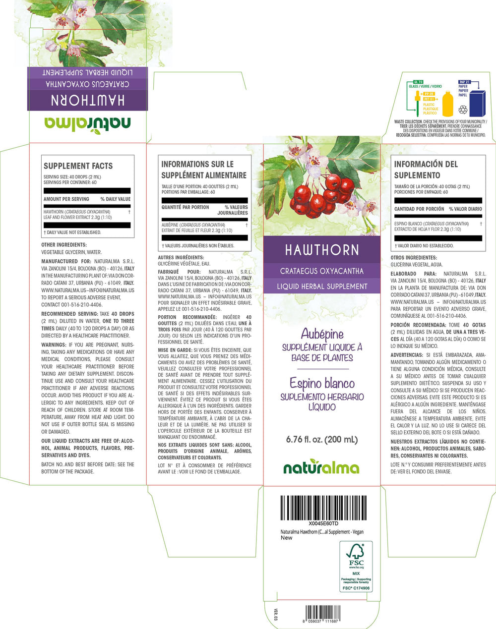 Naturalma Hawthorn tincture label close-up highlighting alcohol-free formula