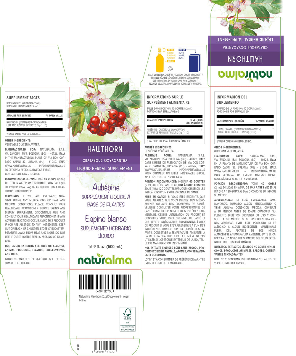 Naturalma Hawthorn tincture bottle side view showcasing 500 ml packaging.