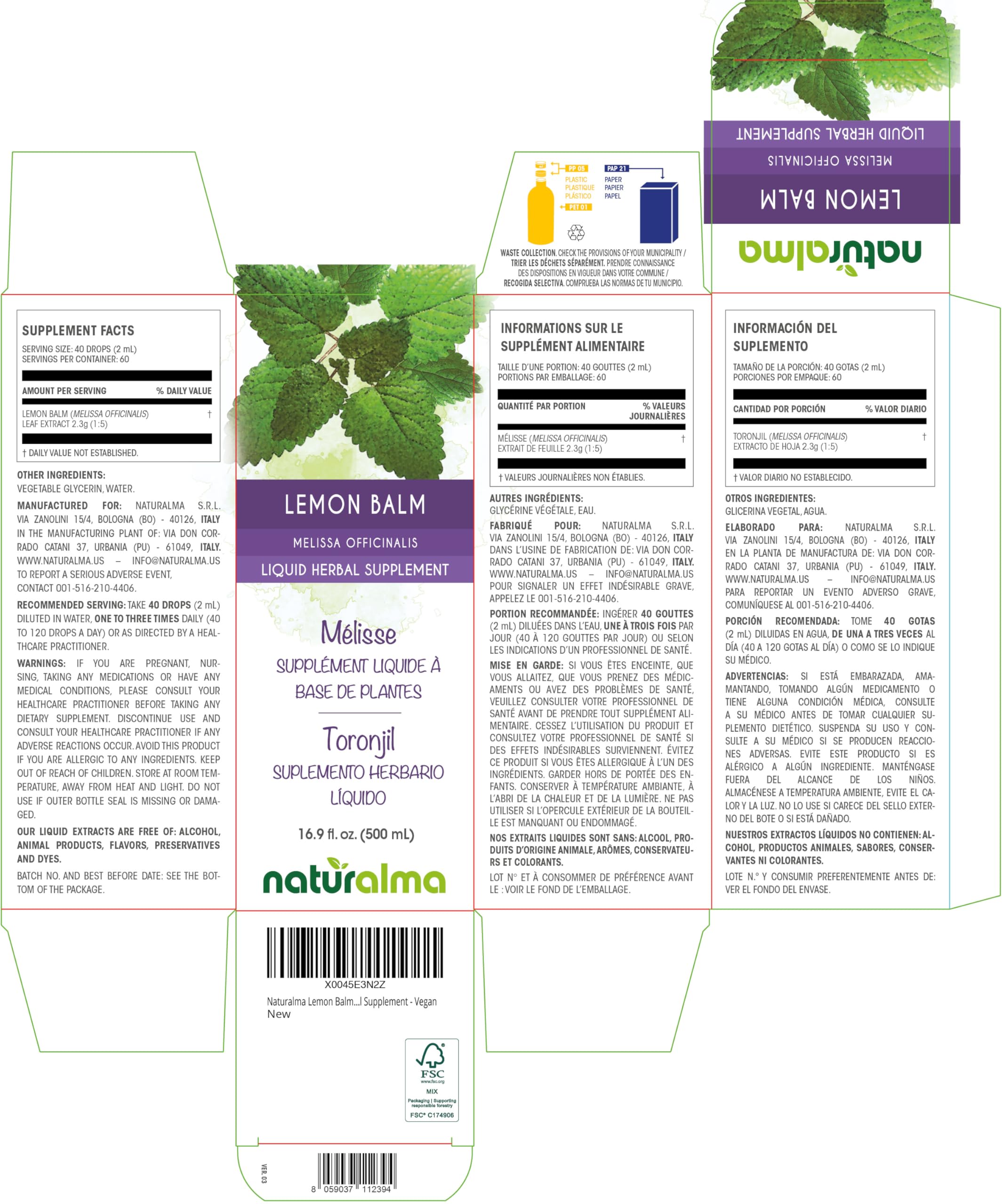 Naturalma Lemon Balm drops being poured for quick, convenient herbal use.