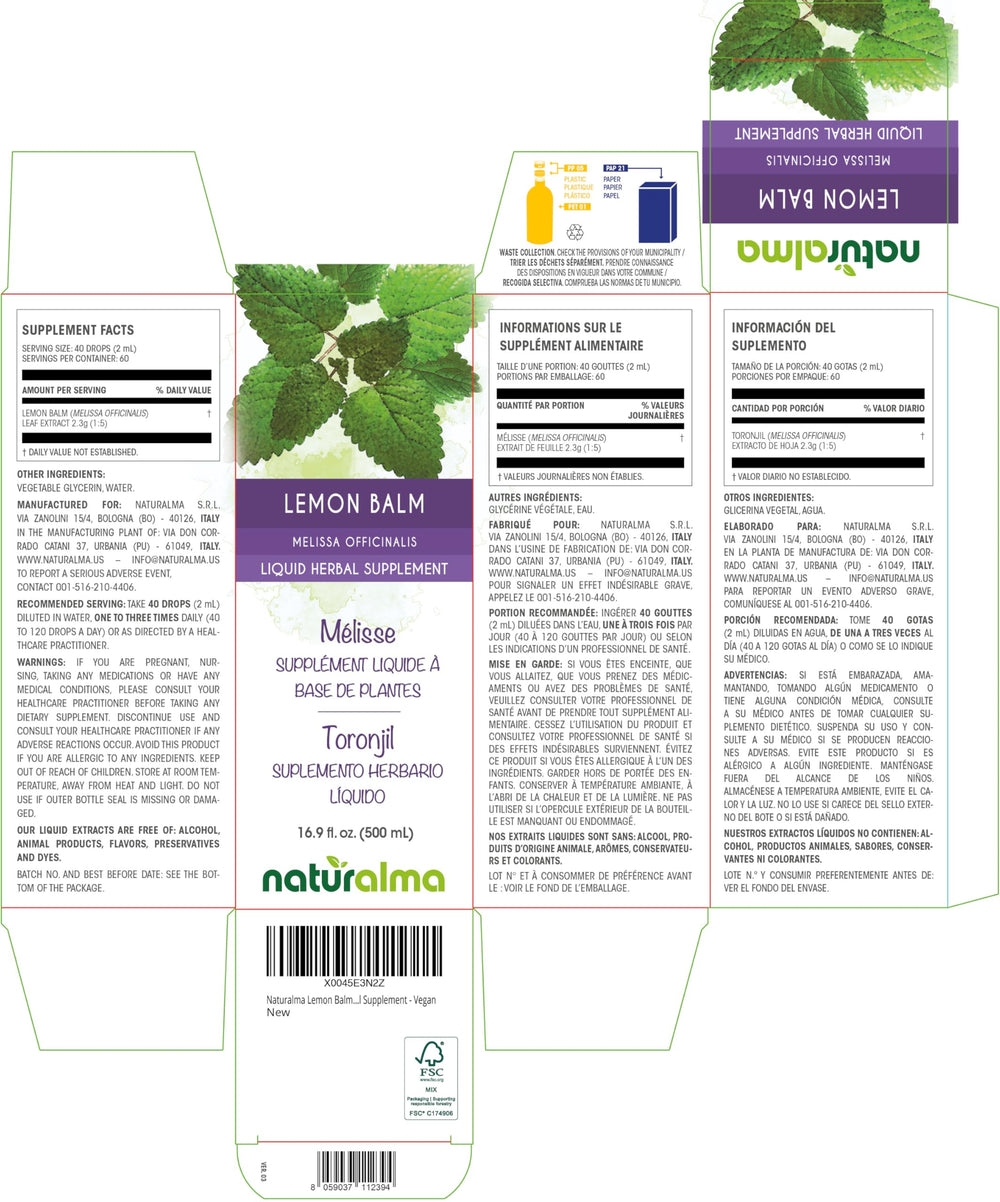 Naturalma Lemon Balm drops being poured for quick, convenient herbal use.