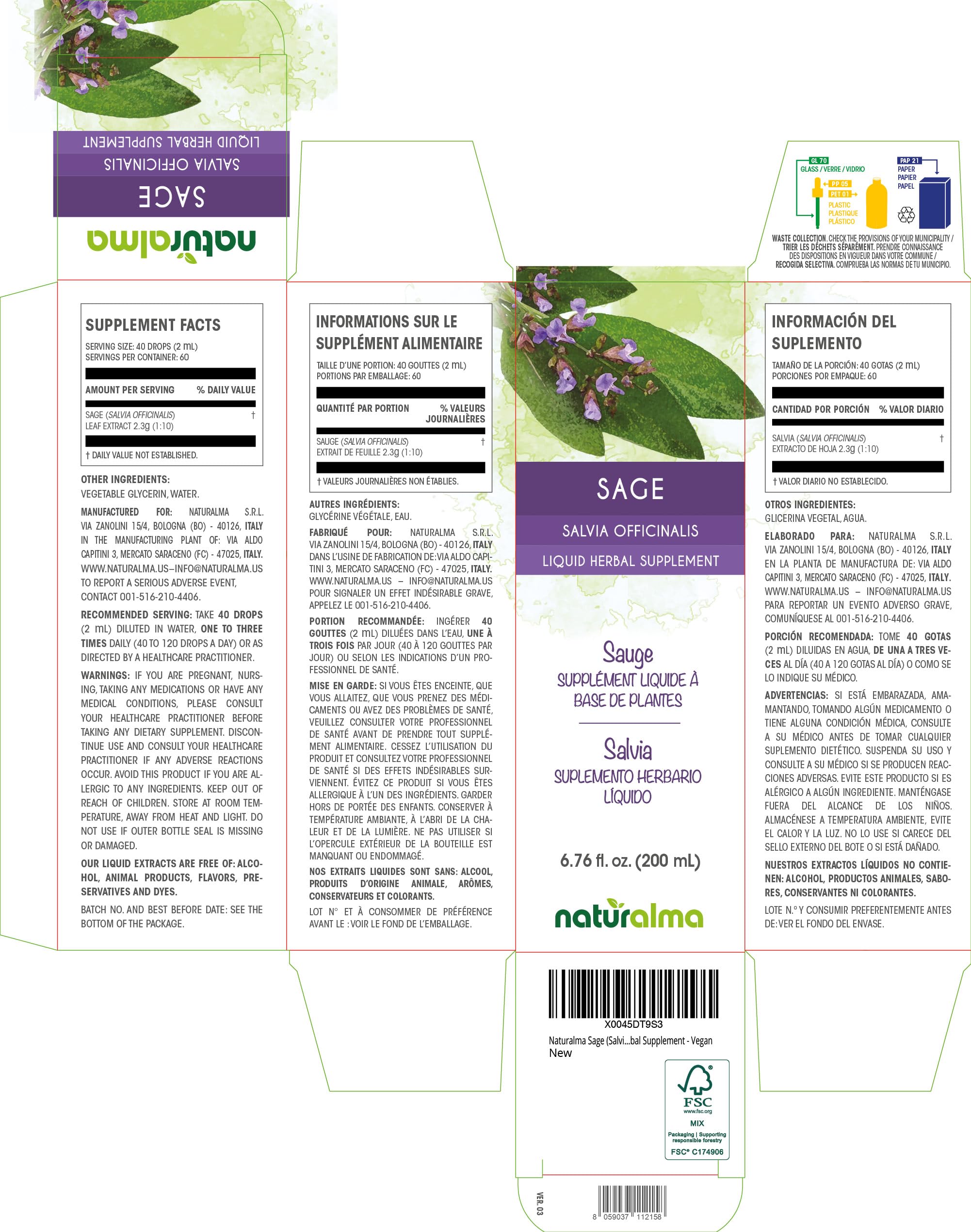 Naturalma Sage leaf tincture label highlighting alcohol-free formula.