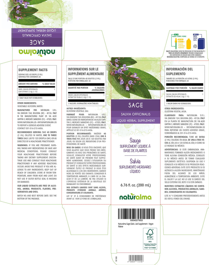Naturalma Sage leaf tincture label highlighting alcohol-free formula.