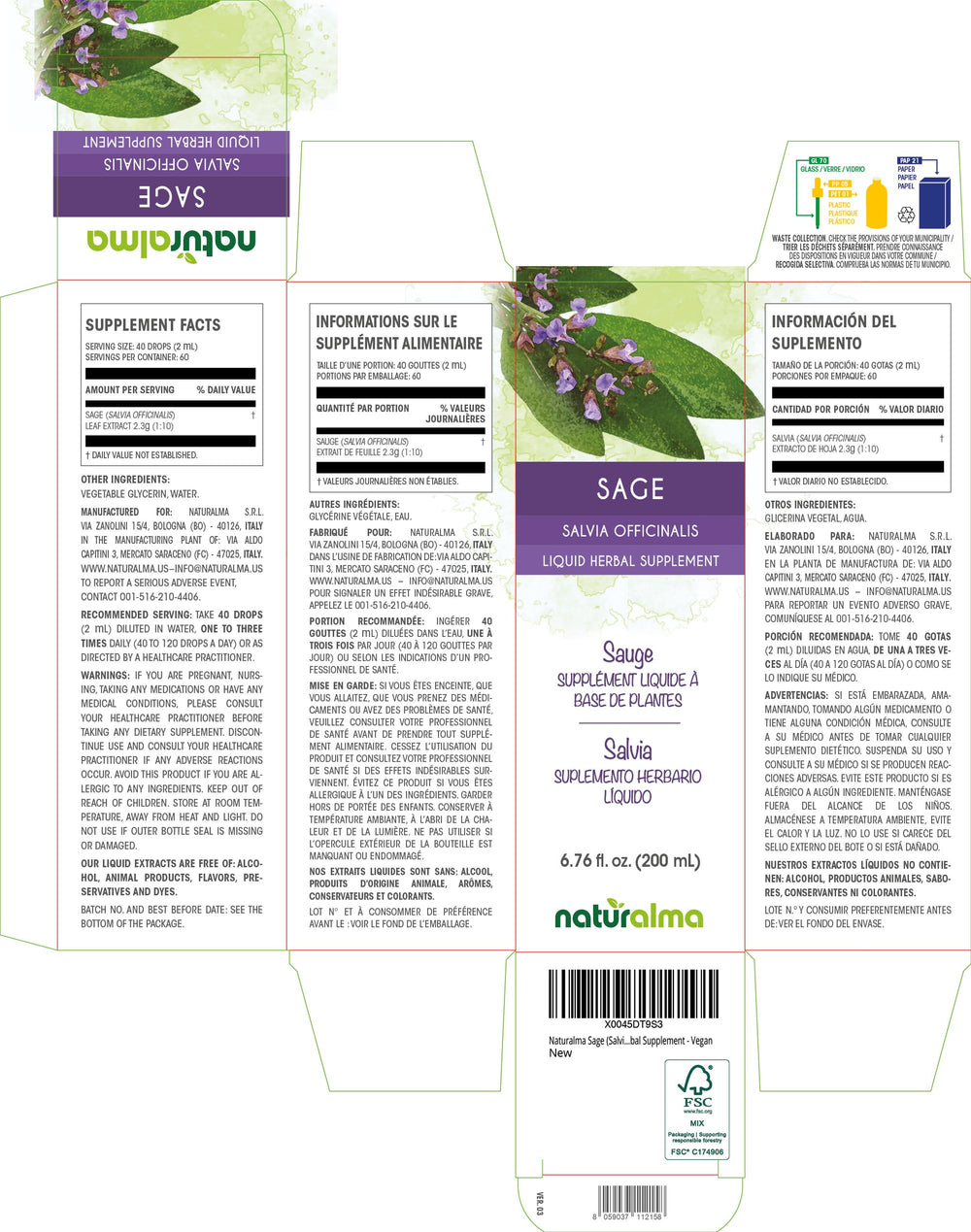 Naturalma Sage leaf tincture label highlighting alcohol-free formula.