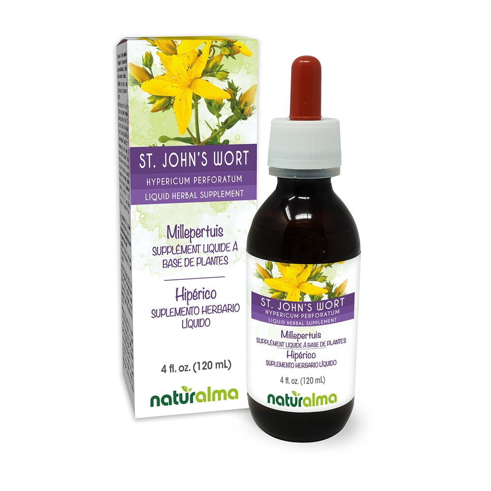 Naturalma St. John's Wort tincture bottle with label, alcohol-free vegan formula for daily wellness.