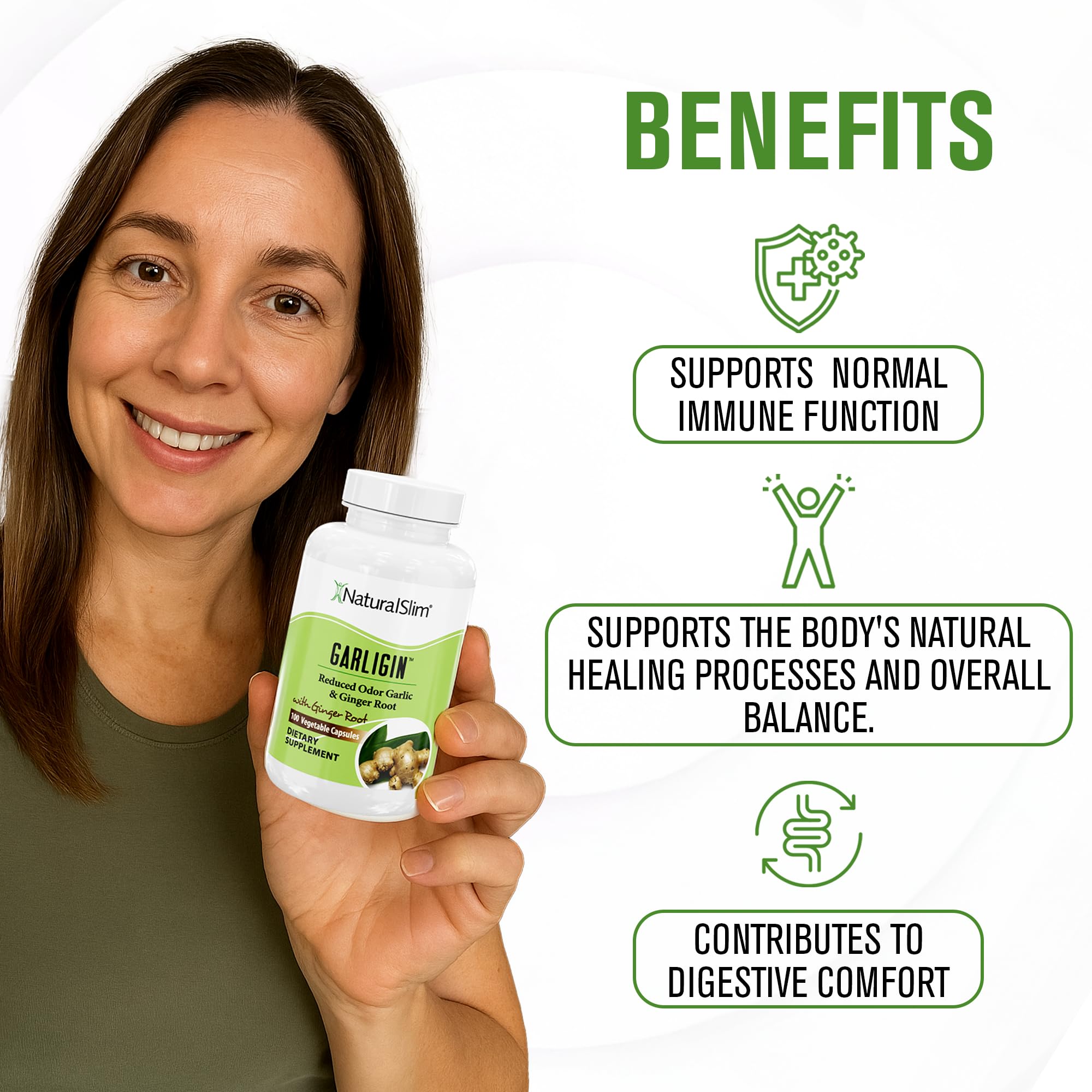 NaturalSlim Garligin capsules with water, easy to swallow after meals.