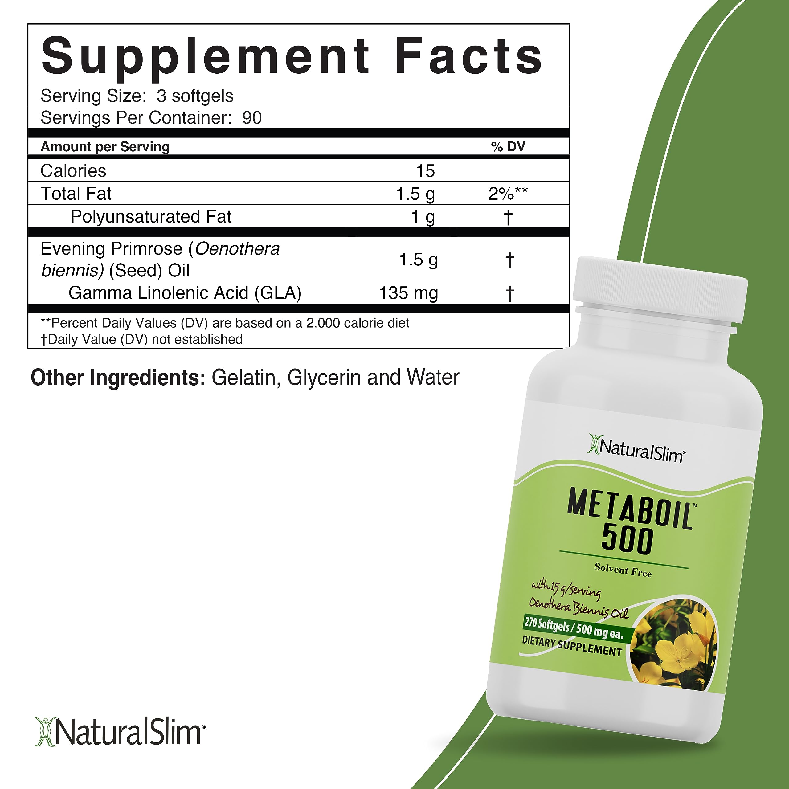 NaturalSlim Metaboil 500 softgels bottle side for convenient daily intake.