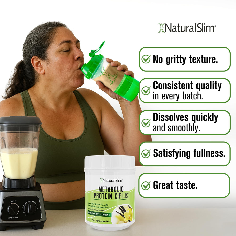 NaturalSlim Metabolic Protein C-Plus bottle and shaker for daily use