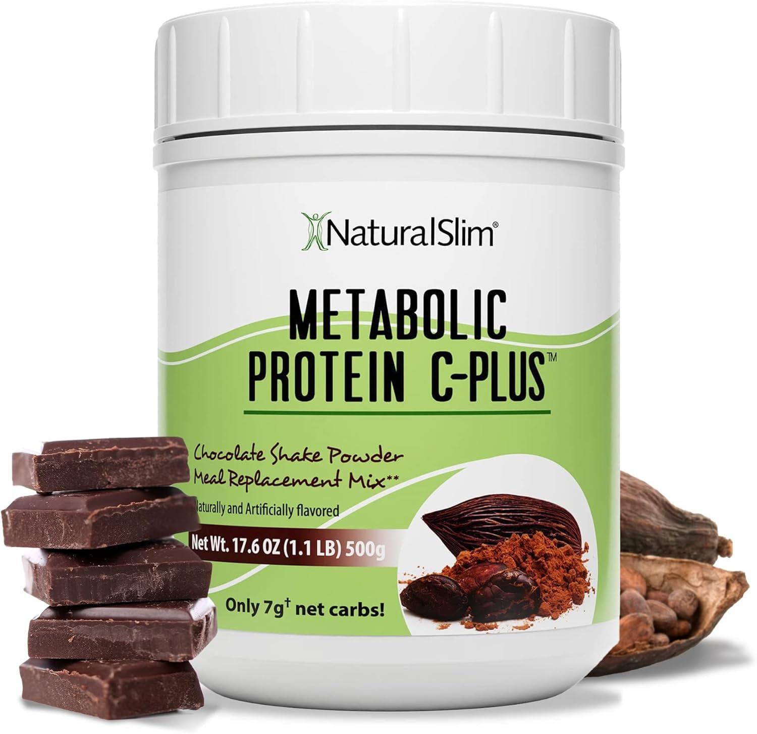 NaturalSlim Metabolic Protein C-Plus chocolate tub front for a quick energy shake