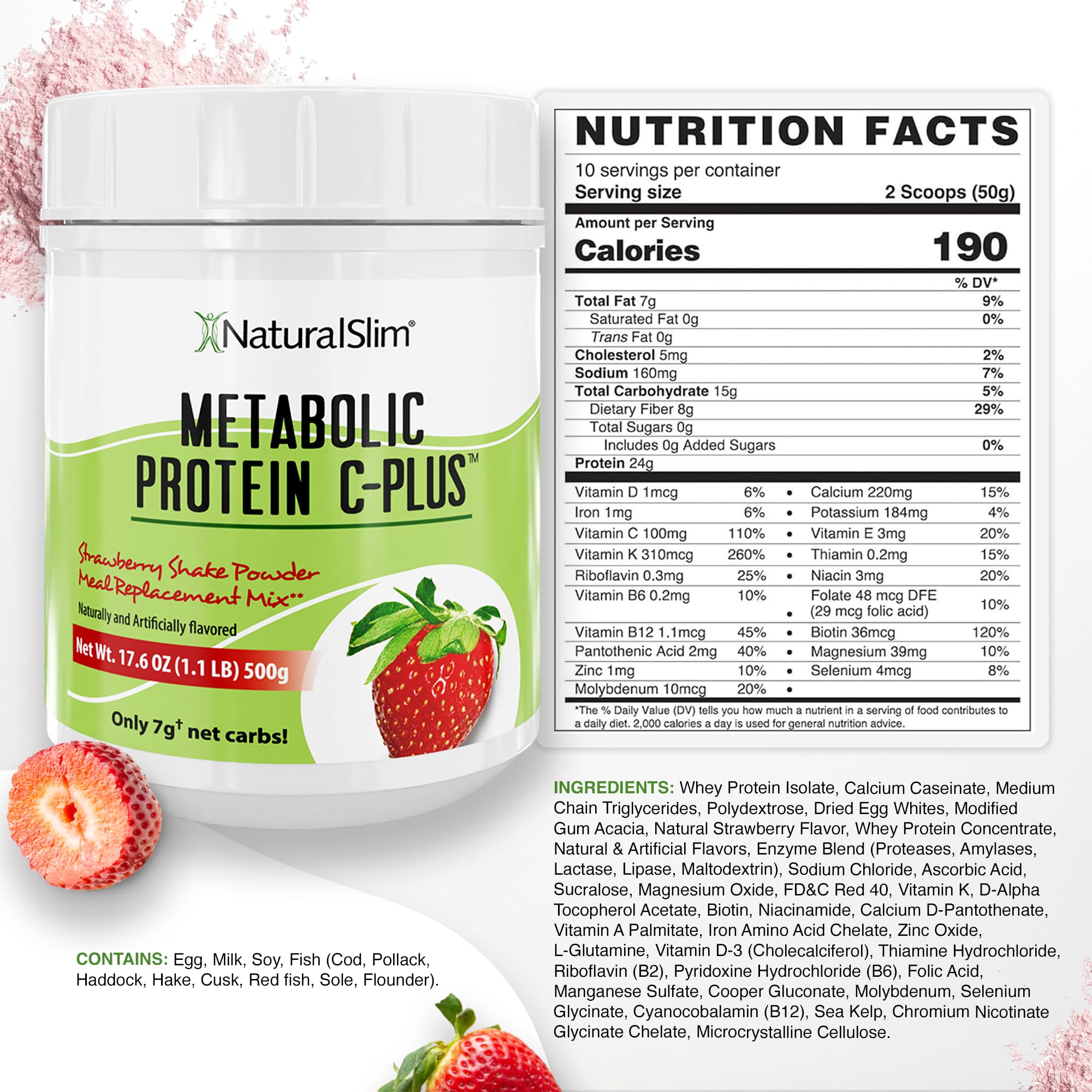 NaturalSlim Metabolic Protein C-Plus strawberry nutrition panel highlights vitamins and enzymes