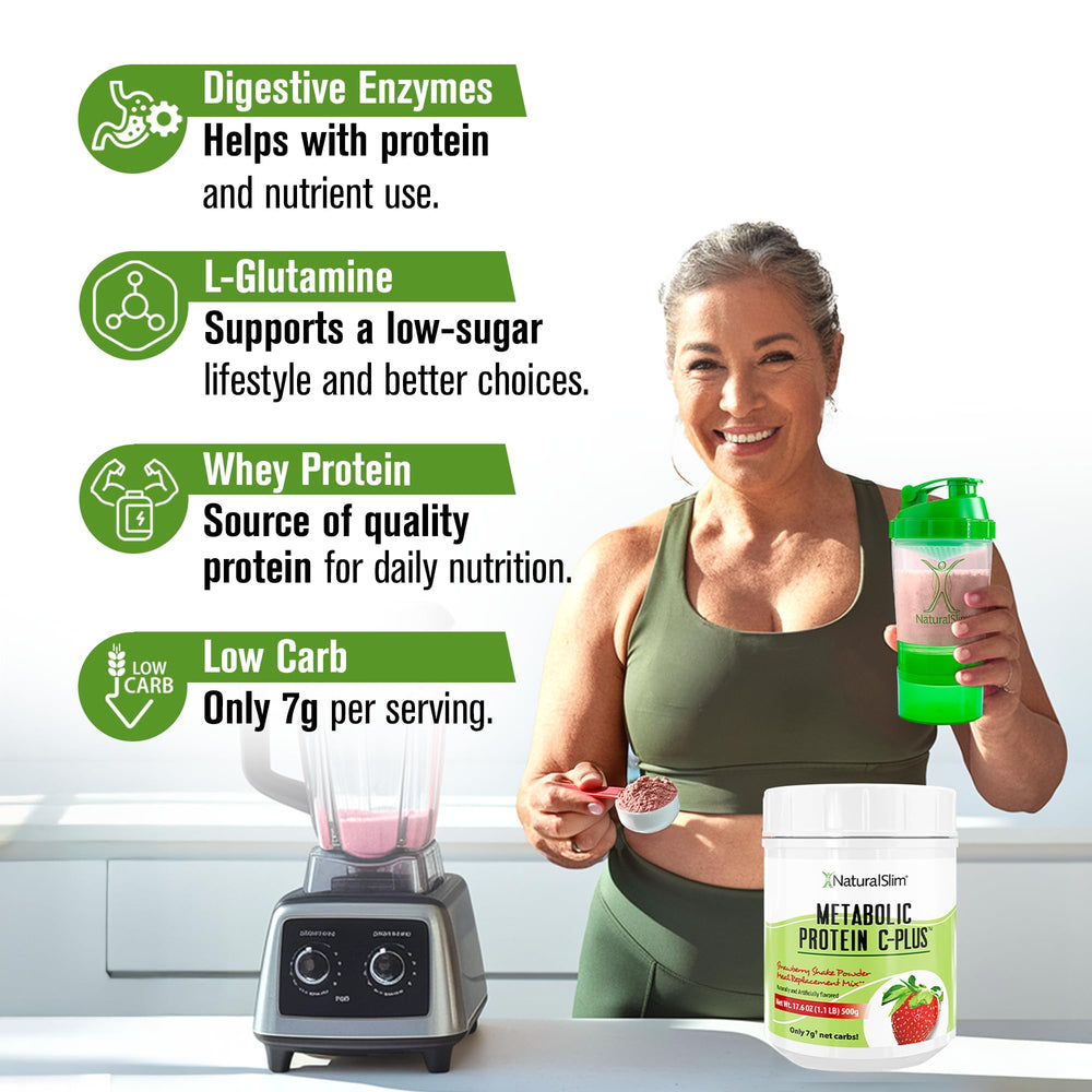 Creamy strawberry smoothie prepared with NaturalSlim Metabolic Protein C-Plus