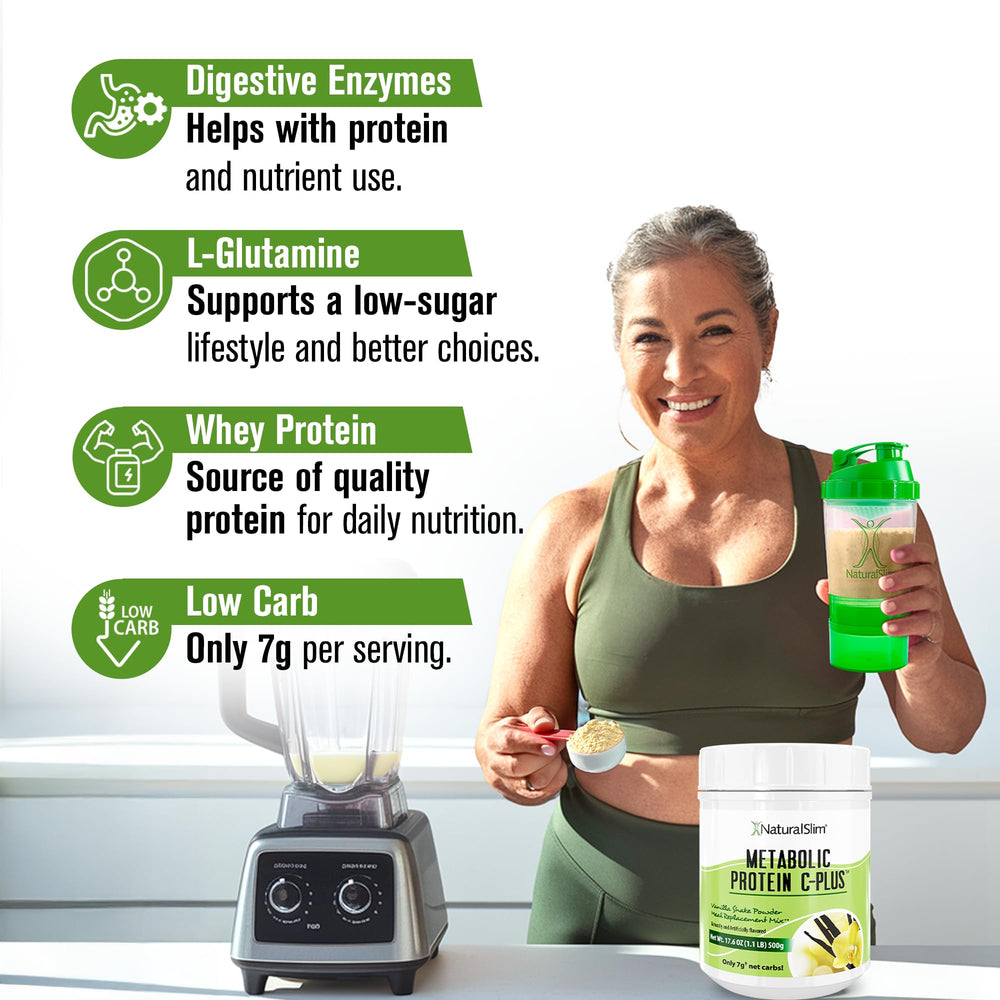 NaturalSlim Metabolic Protein C-Plus vanilla shake blending into a creamy drink