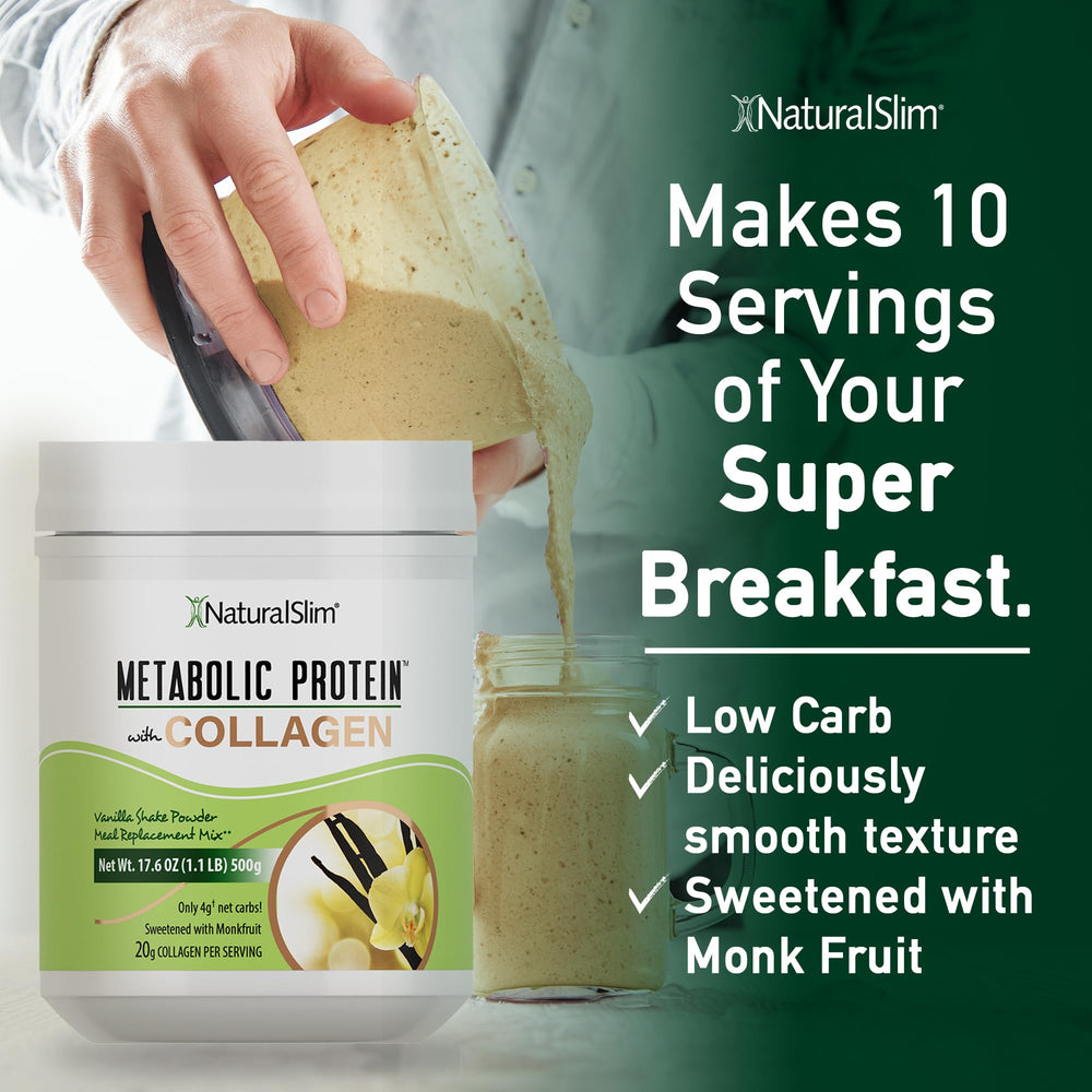 NaturalSlim scoop beside glass demonstrates quick daily protein habit