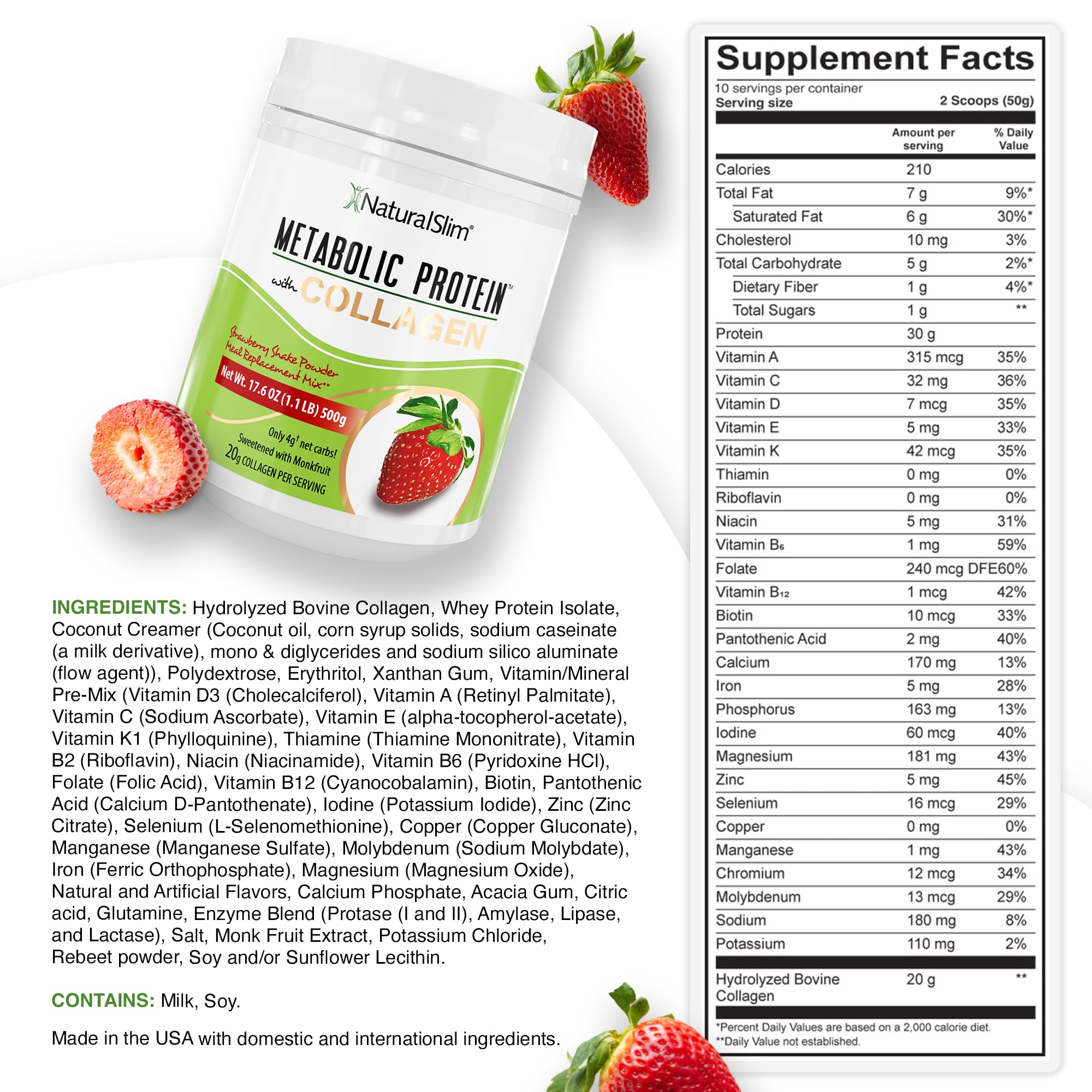 NaturalSlim Metabolic Protein strawberry powder in jar for smooth shakes