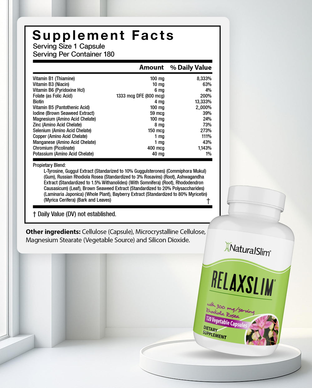 Relaxslim capsules poured for daily energy and mood support