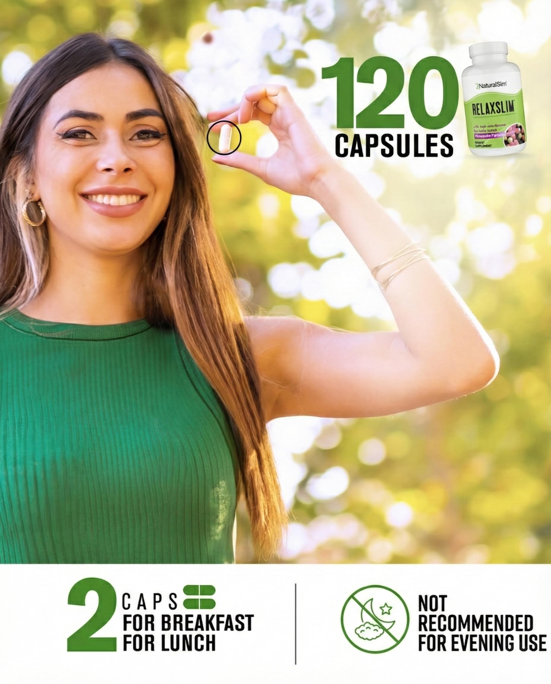 Dosage guide showing two capsules at breakfast and lunch