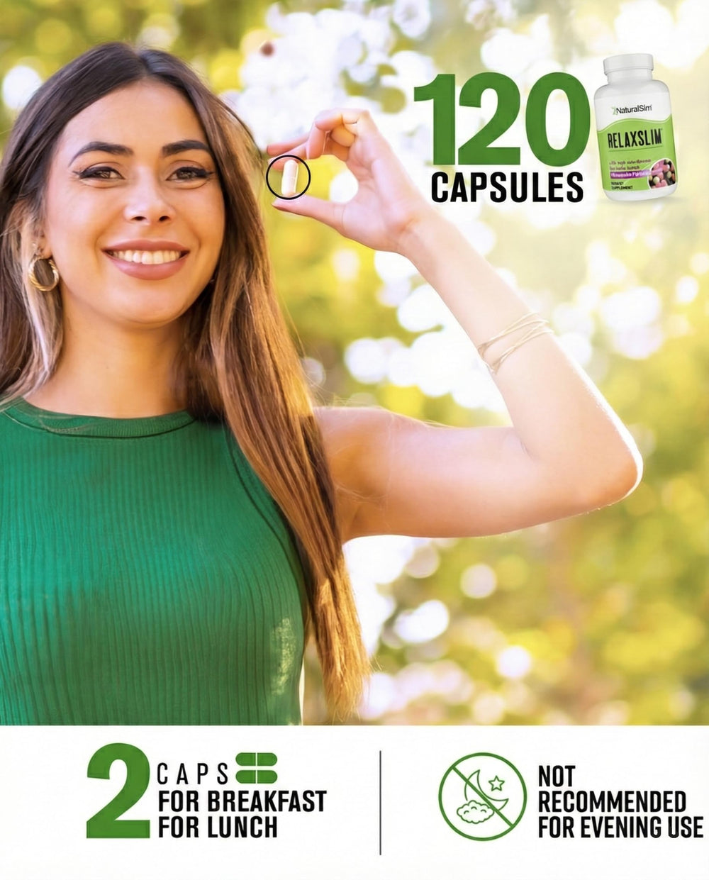 Dosage guide showing two capsules at breakfast and lunch