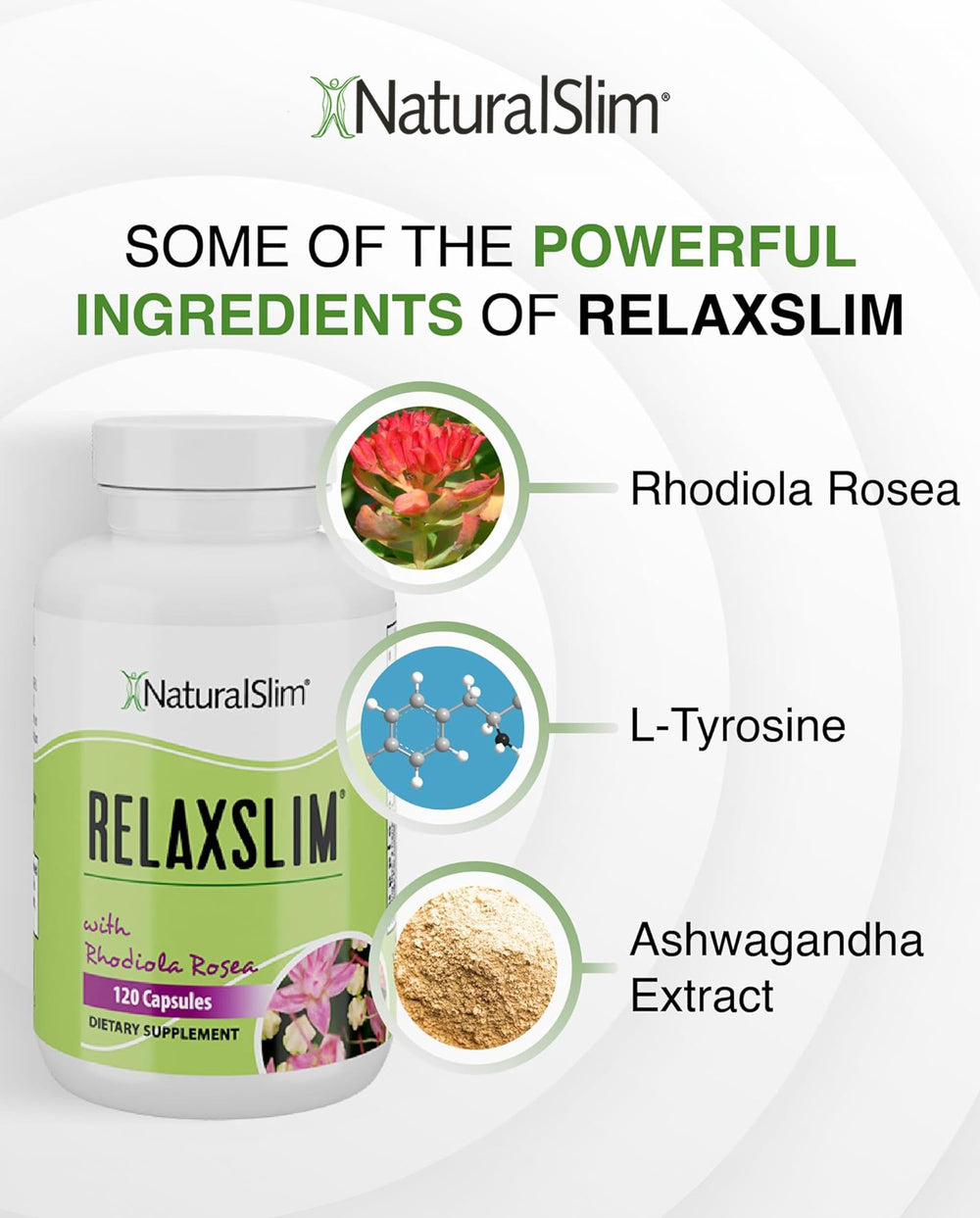 Illustrated ingredients list for NaturalSlim Relaxslim featuring adaptogens