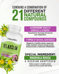Relaxslim label close-up highlighting adaptogens like Rhodiola