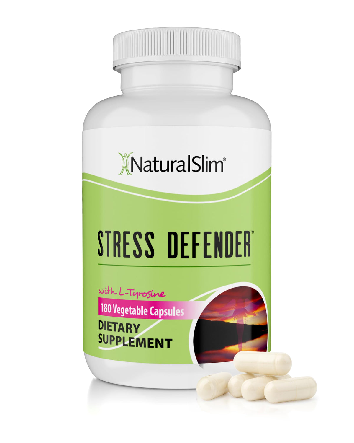 NaturalSlim Stress Defender bottle on desk signaling daily stress support