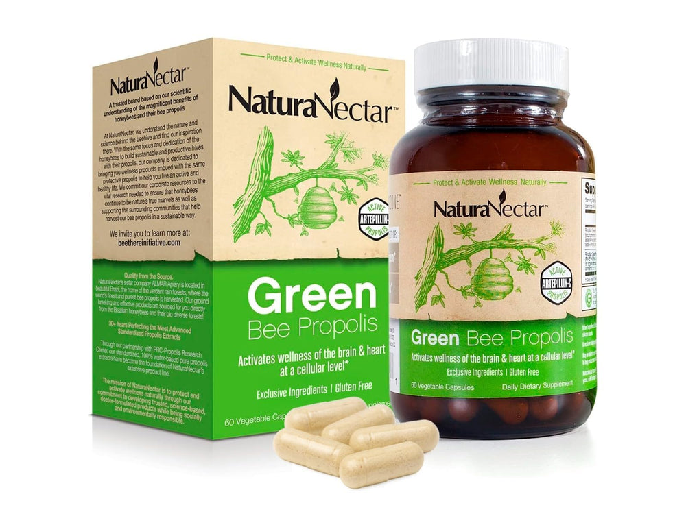 NaturaNectar Green Bee Propolis bottle shows premium gluten-free daily immune support.