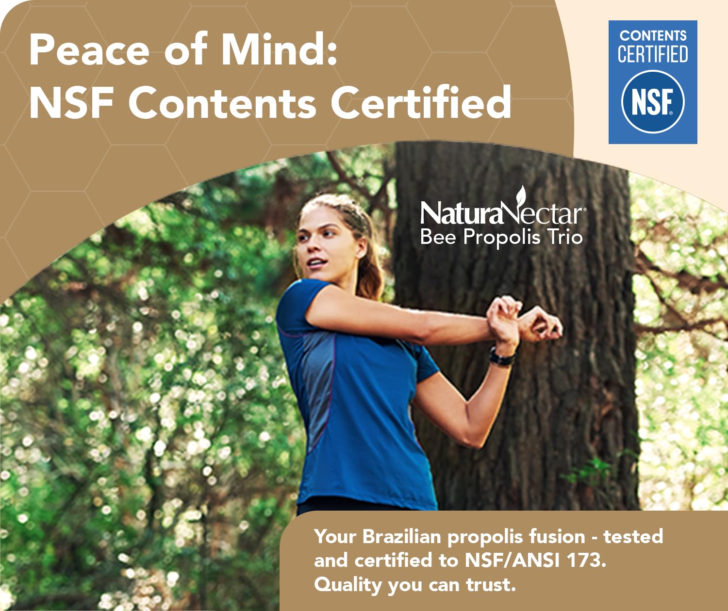 NaturaNectar NSF contents certification seal near packaging.