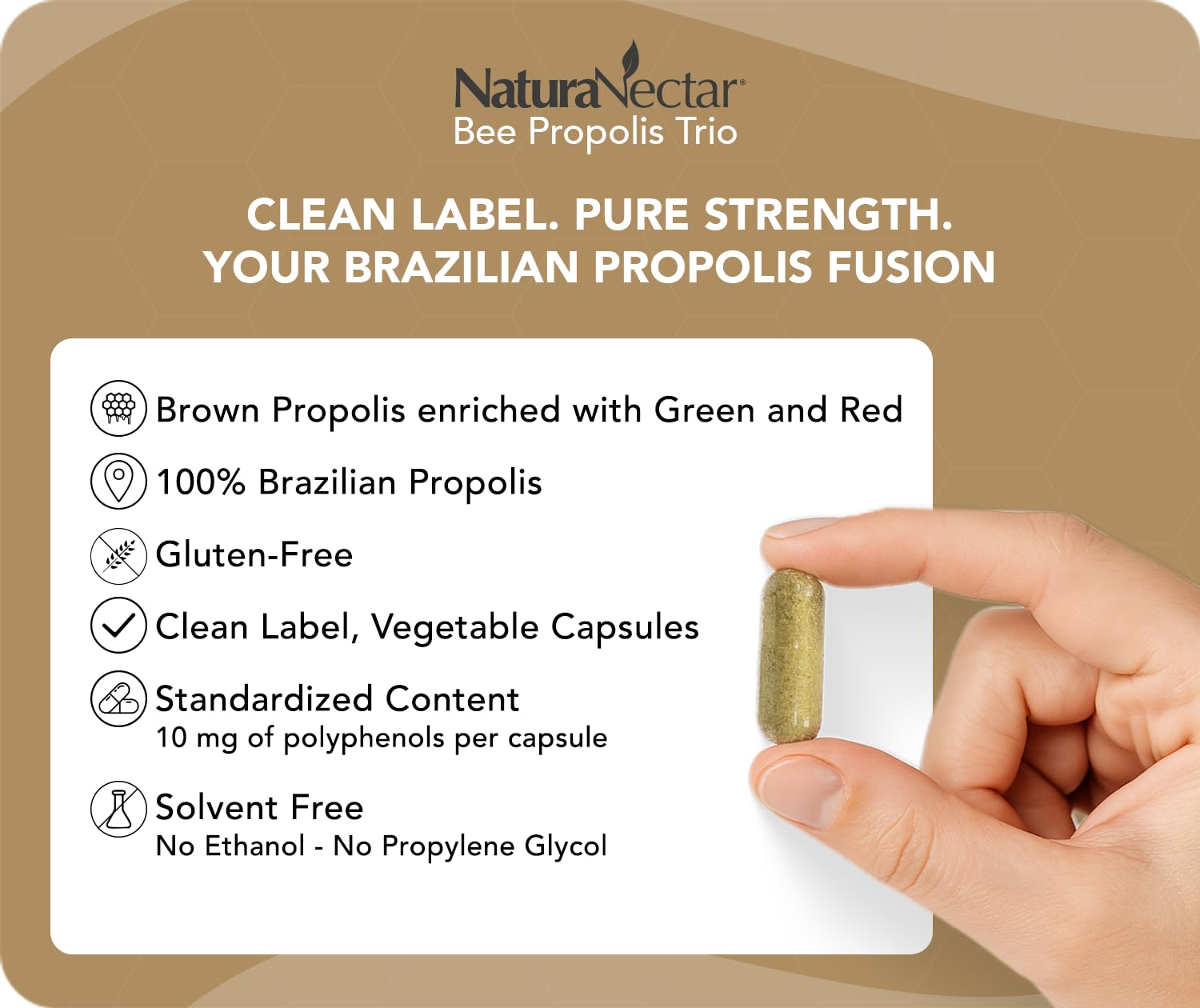 NaturaNectar propolis trio capsules on blister for easy daily use.