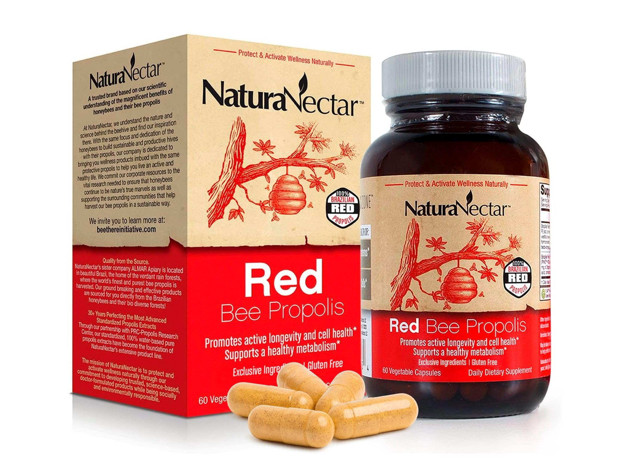 NaturaNectar Red Bee Propolis capsules bottle on shelf, gluten-free daily wellness support.