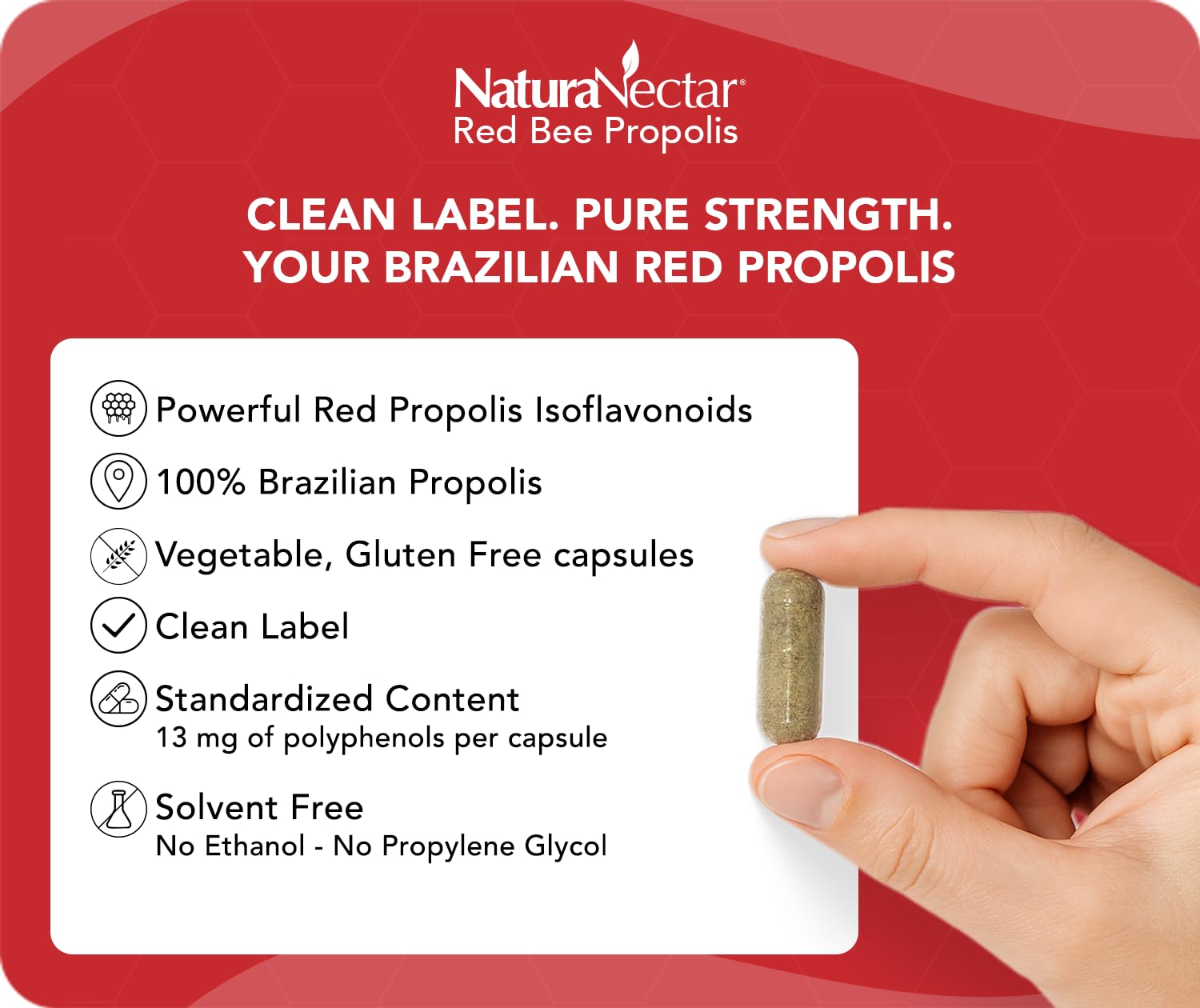 Closeup of NaturaNectar Red Bee Propolis capsules highlighting premium formula.