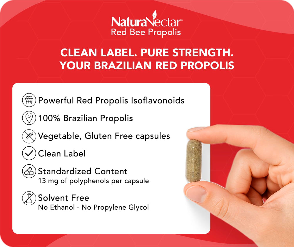 Closeup of NaturaNectar Red Bee Propolis capsules highlighting premium formula.
