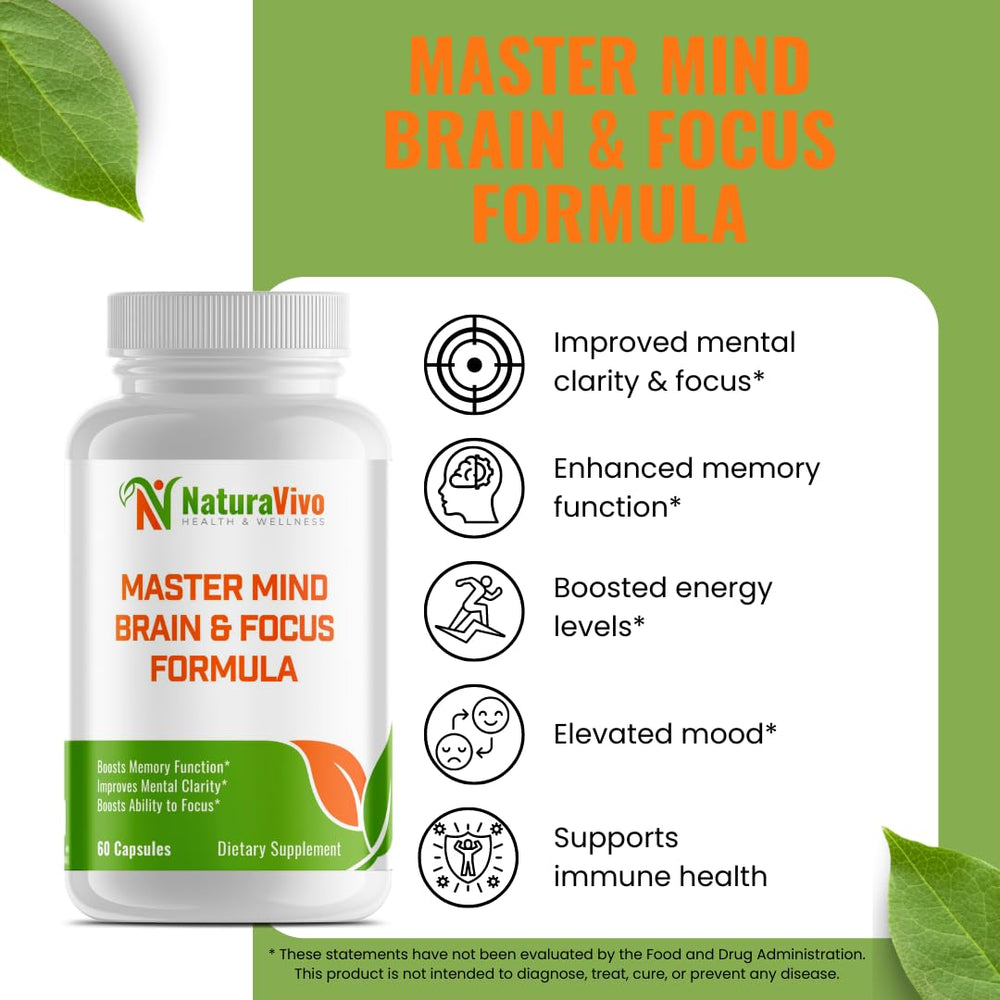 Naturavivo Master Mind capsules closeup for sustained energy without jitters.