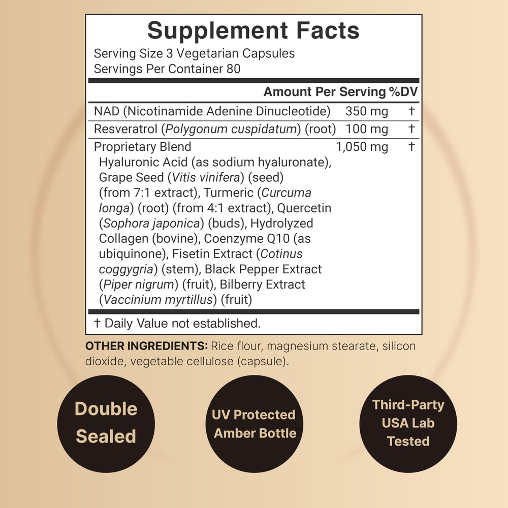 NatureBell NAD+ Complex capsules inside package for convenient three-capsule daily servings.