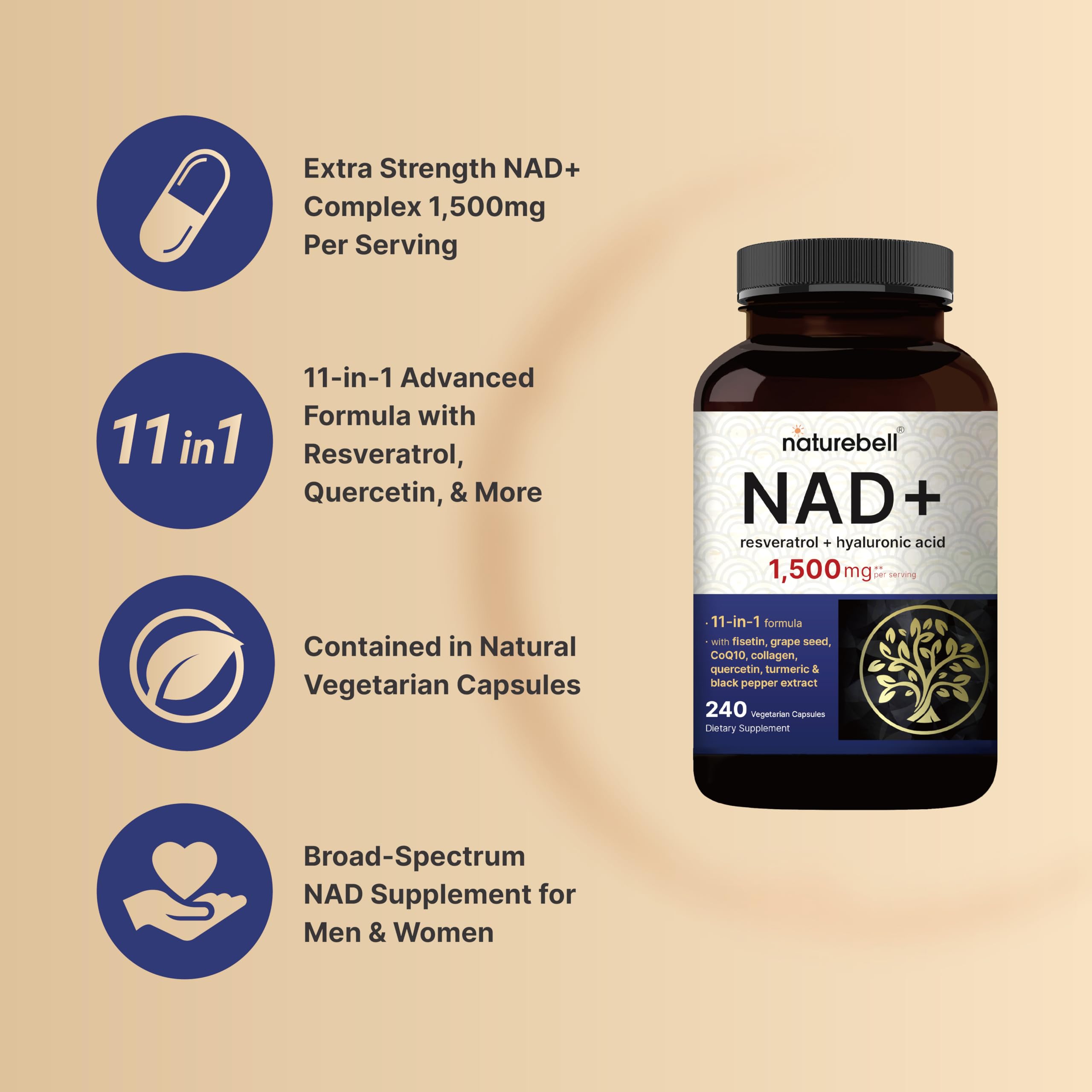Close-up of NatureBell NAD+ Complex label highlighting non-GMO and multi-ingredient blend.
