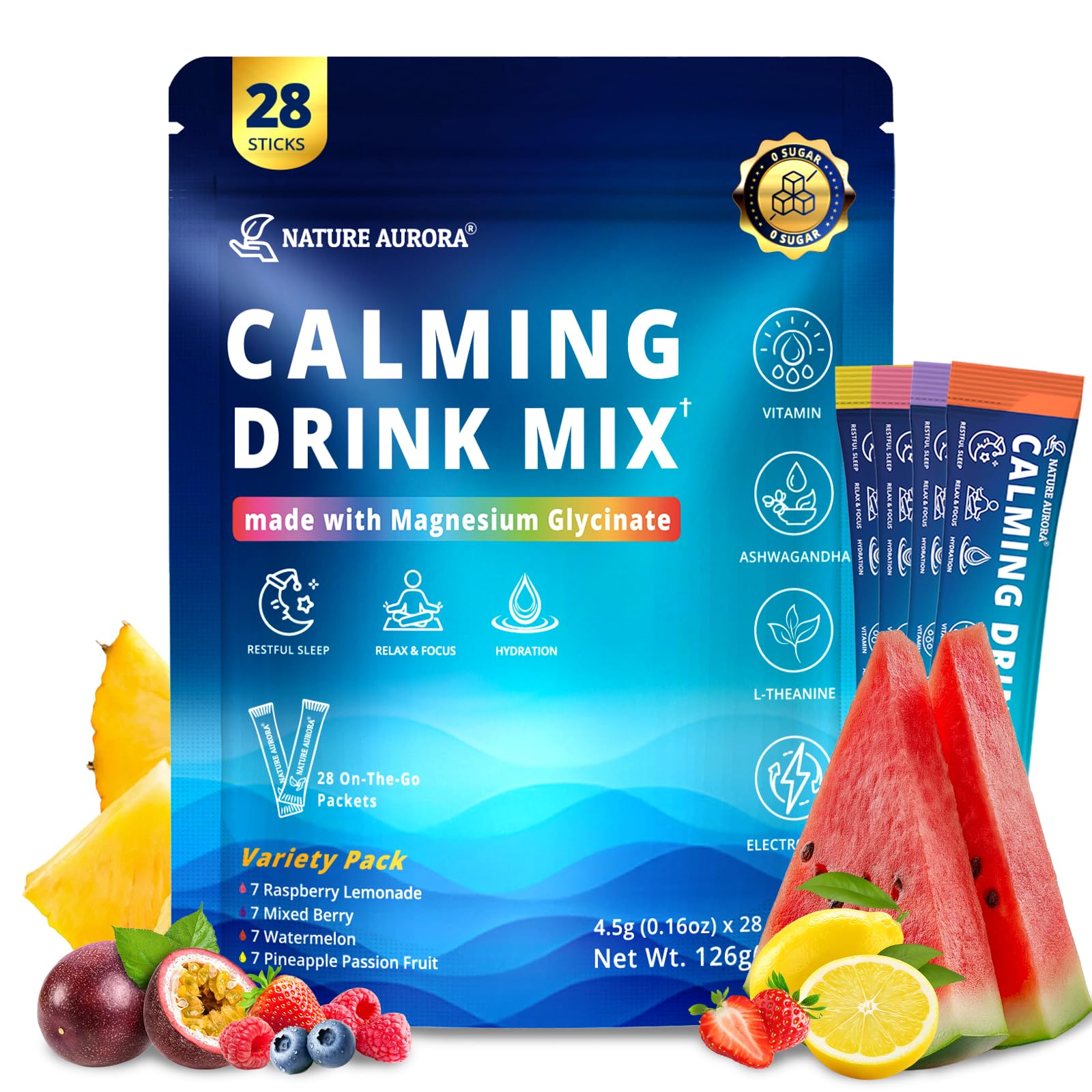 Nature Aurora Cortisol Calm drink mix packet for convenient stress relief on the go