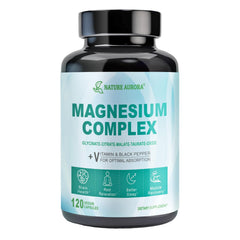 Nature Aurora Magnesium Complex capsule close-up showing chelated forms for absorption