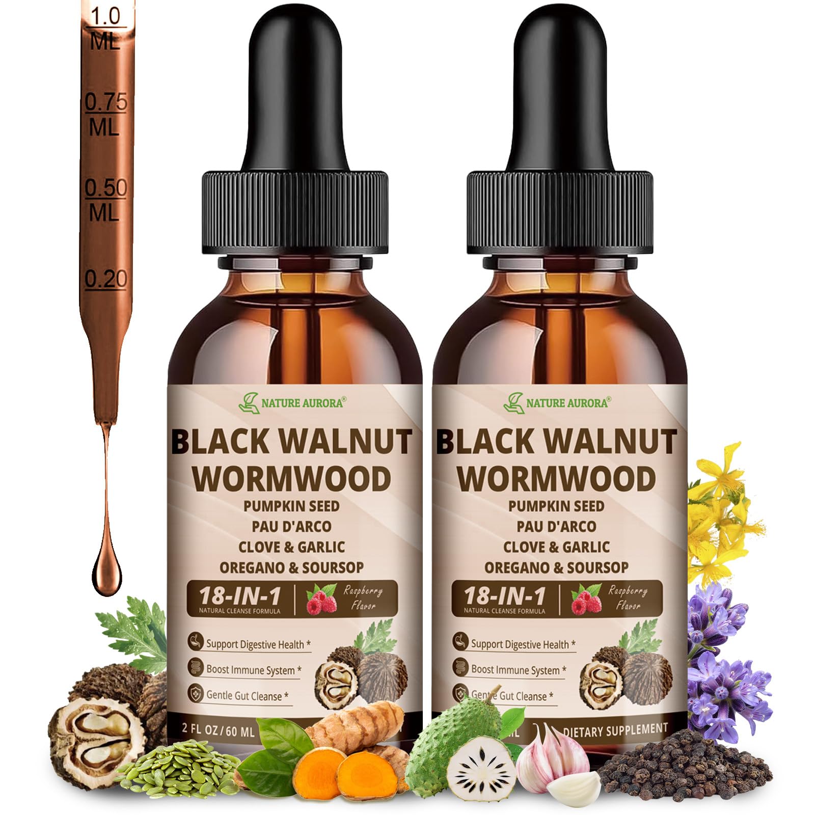Nature Aurora Wormwood-Walnut-Clove Drops bottle for easy gut detox support